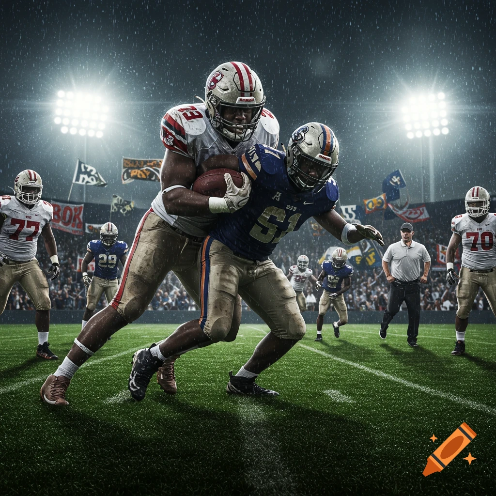Photorealistic image of two football players, one in white and one in blue, in a tackle on a rainy field under stadium lights.