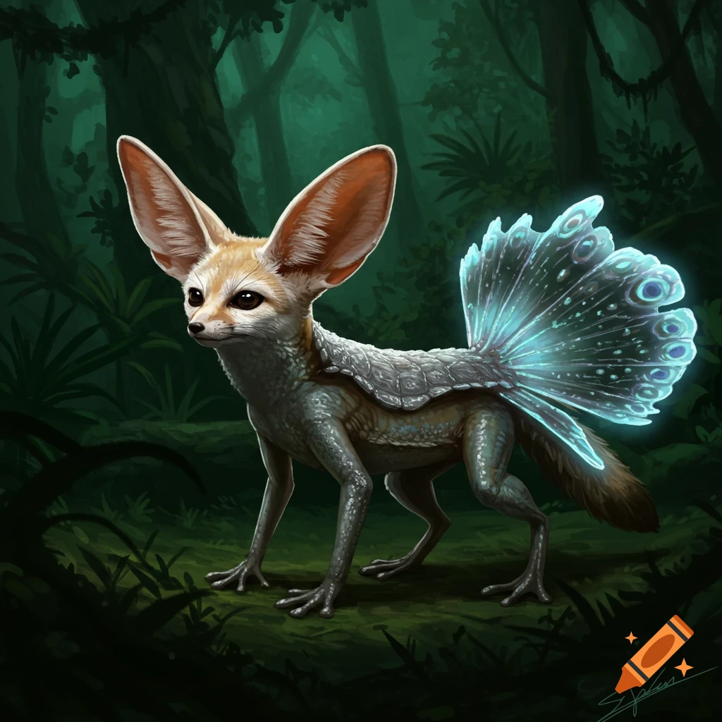 A fantastical fennec fox-frog-lizard creature with turtle shell patches and glowing blue peacock tail feathers stands in a dark forest.