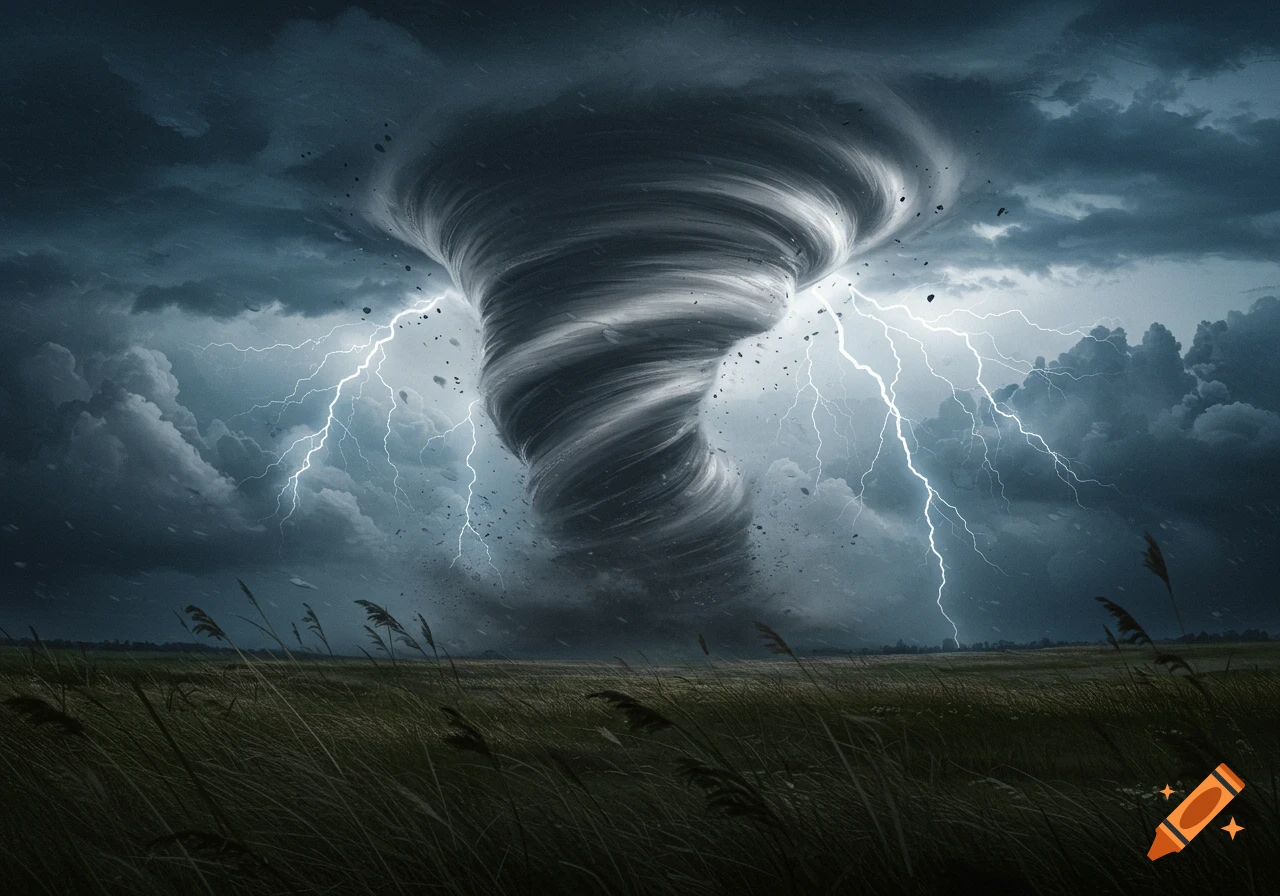 A massive, dark tornado swirls over a field as multiple bolts of lightning strike from stormy skies.