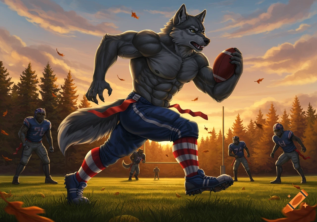 Illustrated muscular gray wolf running with a football on an autumn field at sunset, with other players in the background.