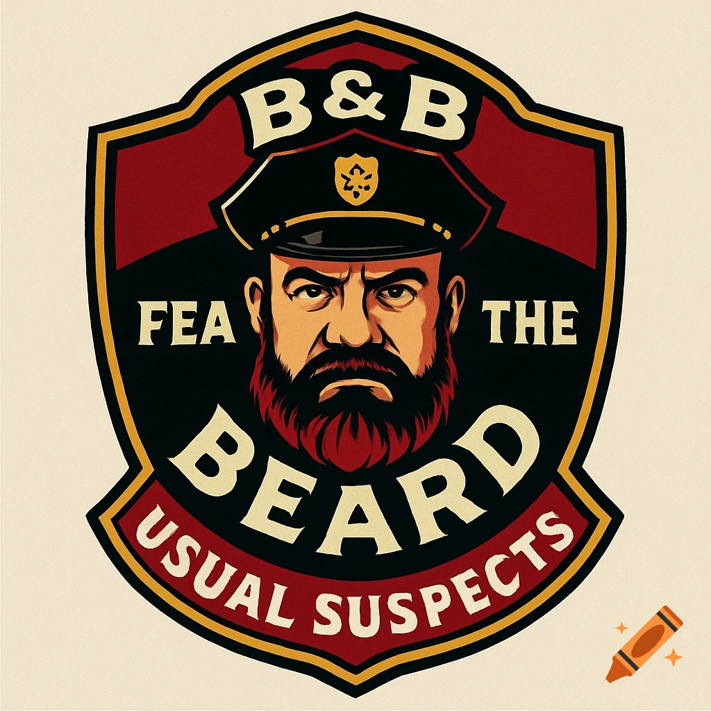 A shield-shaped sports logo features a stern bearded man in a police cap. Text includes 'B&B', 'FEA THE BEARD', and 'USUAL SUSPECTS' in a red, black, and gold color scheme.