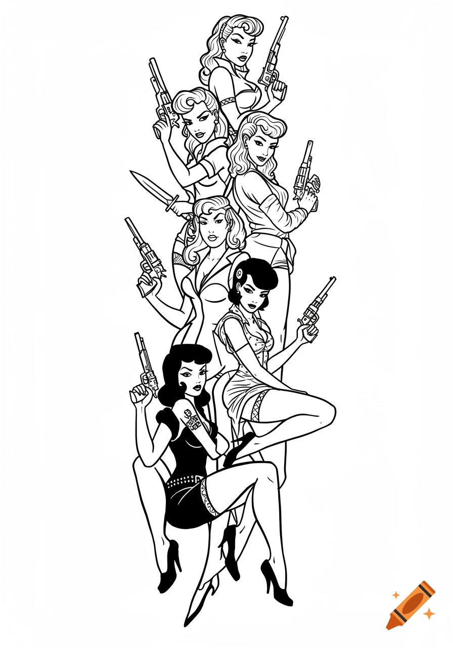 Black and white line art of multiple 1950s pin-up style women holding guns and knives, arranged vertically.
