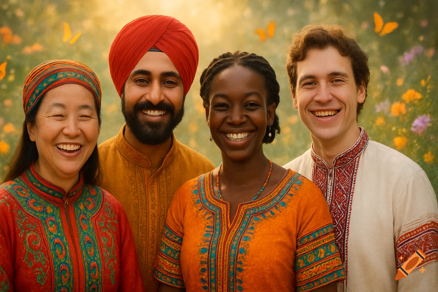 Four smiling people of diverse backgrounds in traditional attire stand in a sunny field with butterflies.