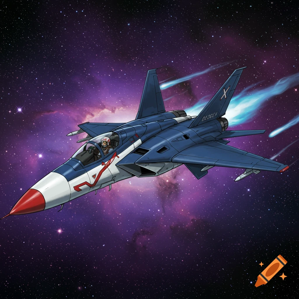 A blue and white anime-style jet with red accents flies through a starry purple nebula.