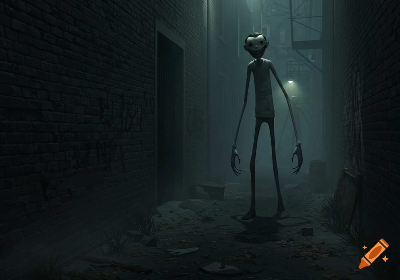 A tall, thin, unsettling creature with a wide smile stands in a dark, misty alley.
