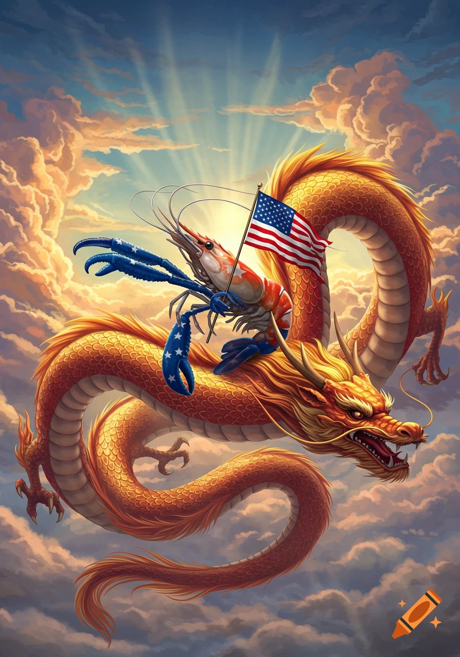A stylized shrimp holding an American flag rides a golden Chinese dragon through a bright, cloudy sky.