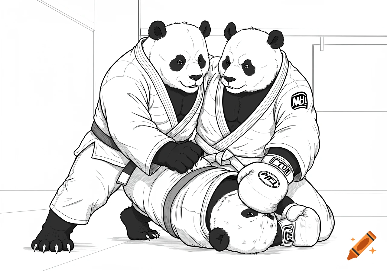 Line art illustration of three pandas, two in Brazilian Jiu-Jitsu gis grappling, and one on the ground wearing boxing gloves.