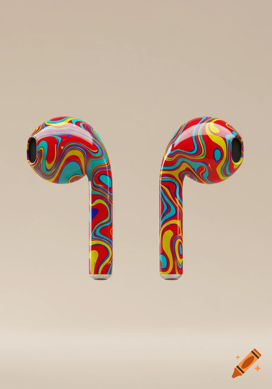 Two AirPods with vibrant, swirling, multi-colored patterns against a plain background.