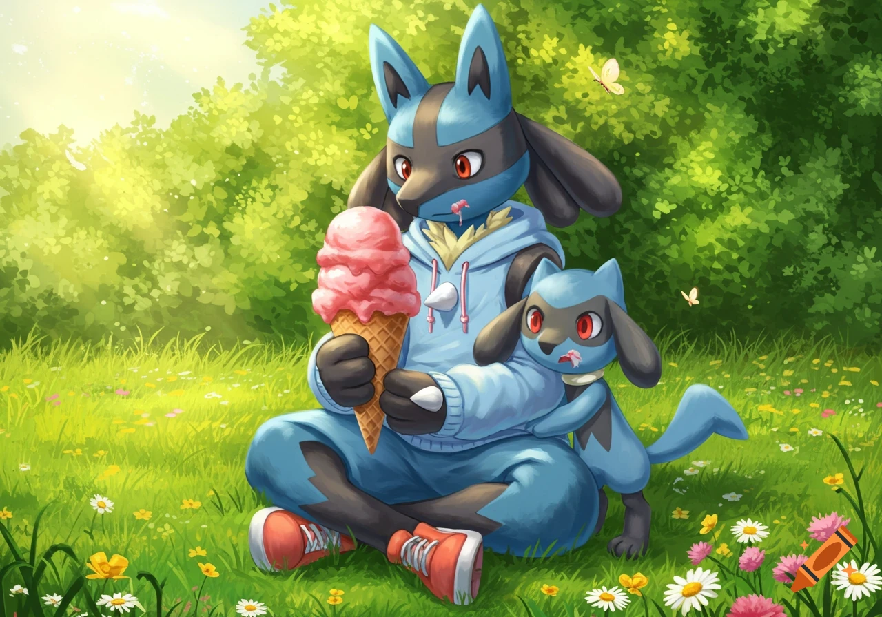 Lucario and Riolu sharing a giant ice cream cone in a sunny park with wildflowers, illustrated in a colorful anime style.