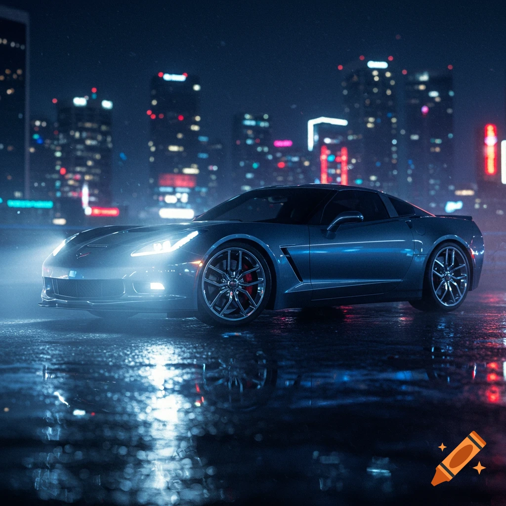 A photorealistic grey Corvette parked on a wet city street at night, with bright headlights and city lights reflecting on the ground.