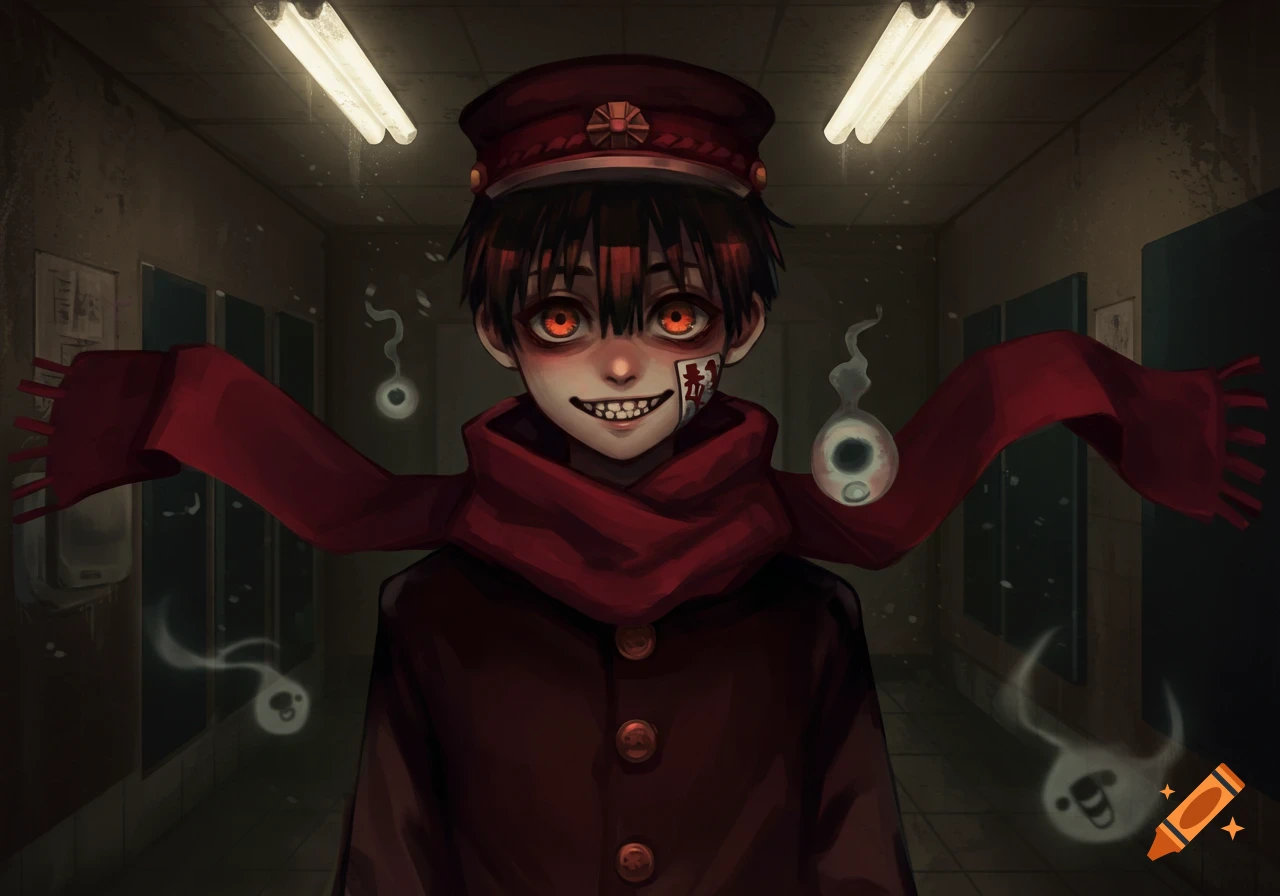 An anime character with red eyes, sharp teeth, a red scarf, and a red cap, stands in a dark school hallway with glowing fluorescent lights. Small ghostly figures float around them.