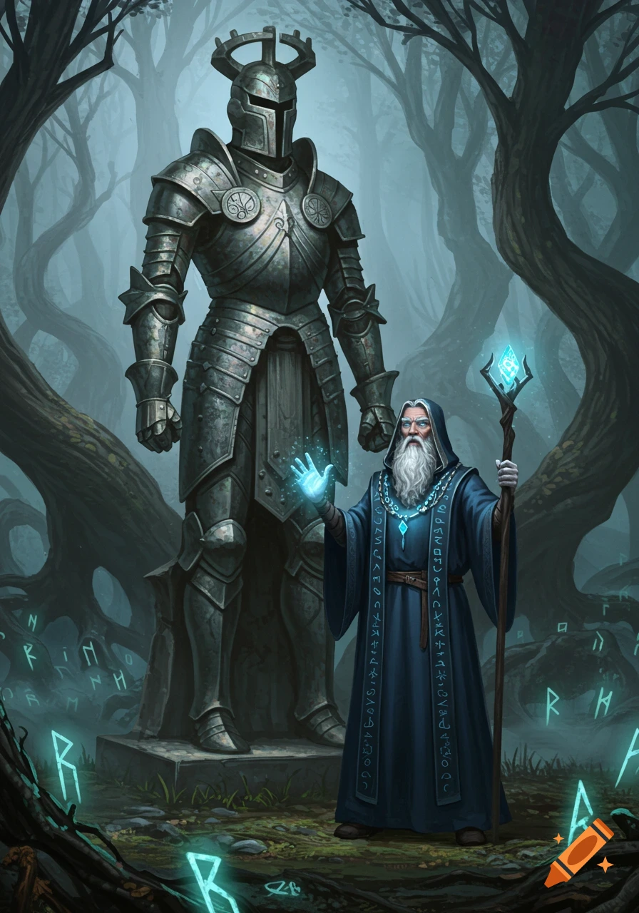 A wizard with a long beard and blue robes stands before a large armored statue in a misty forest with glowing runes.