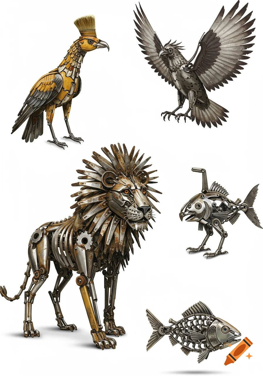 Detailed metallic sculptures of a lion, eagle, birds, and fish, made from tools and scrap metal on a white background.