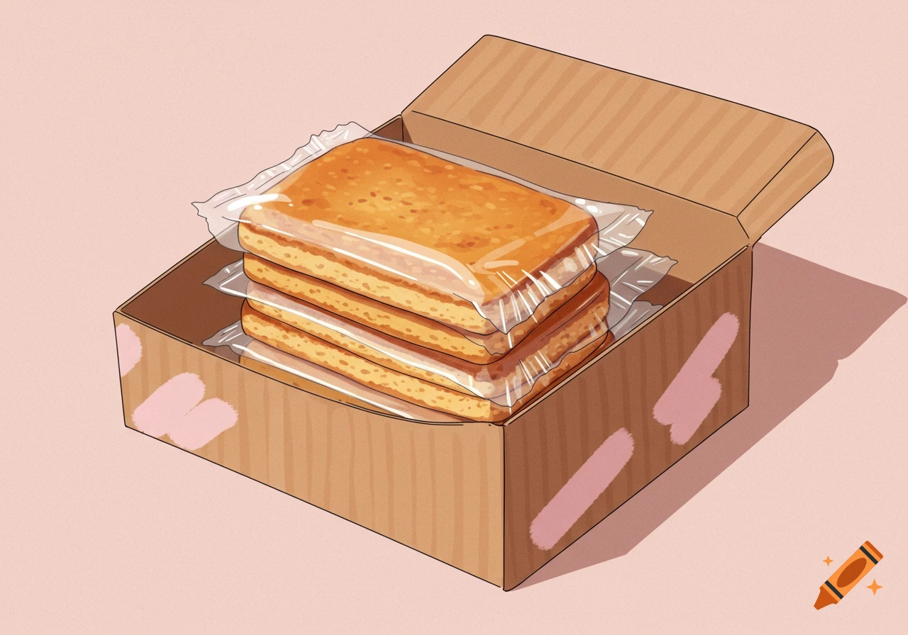 Illustration of three rectangular packaged cakes stacked inside an open cardboard box.