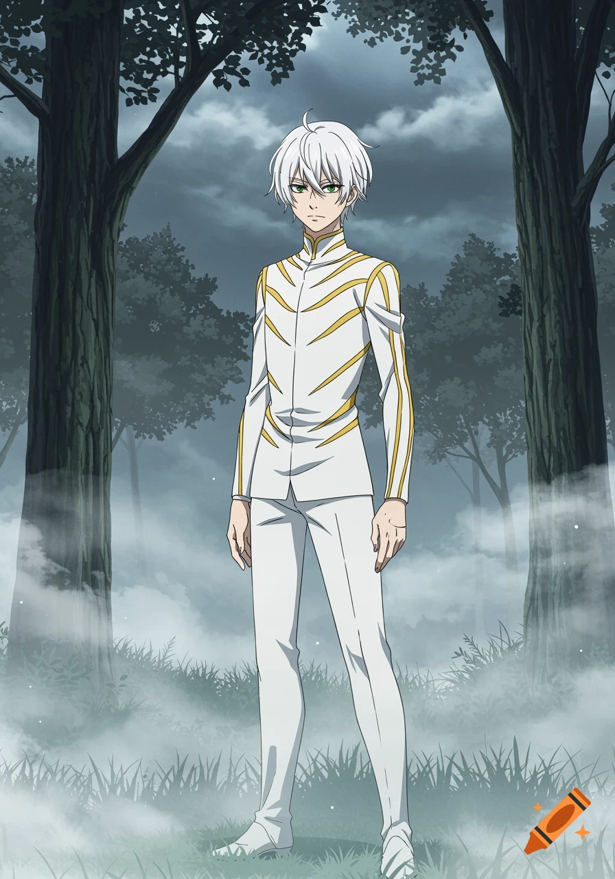 An anime character with white hair and green eyes, wearing a white and gold royal outfit, standing in a foggy forest.