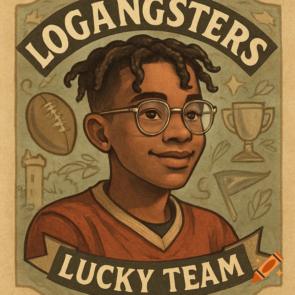 Stylized portrait of a smiling teen boy with dreadlocks and glasses, wearing a sports jersey, against a light blue background with football-related icons. Text reads 'LOGANGSTERS LUCKY TEAM'.