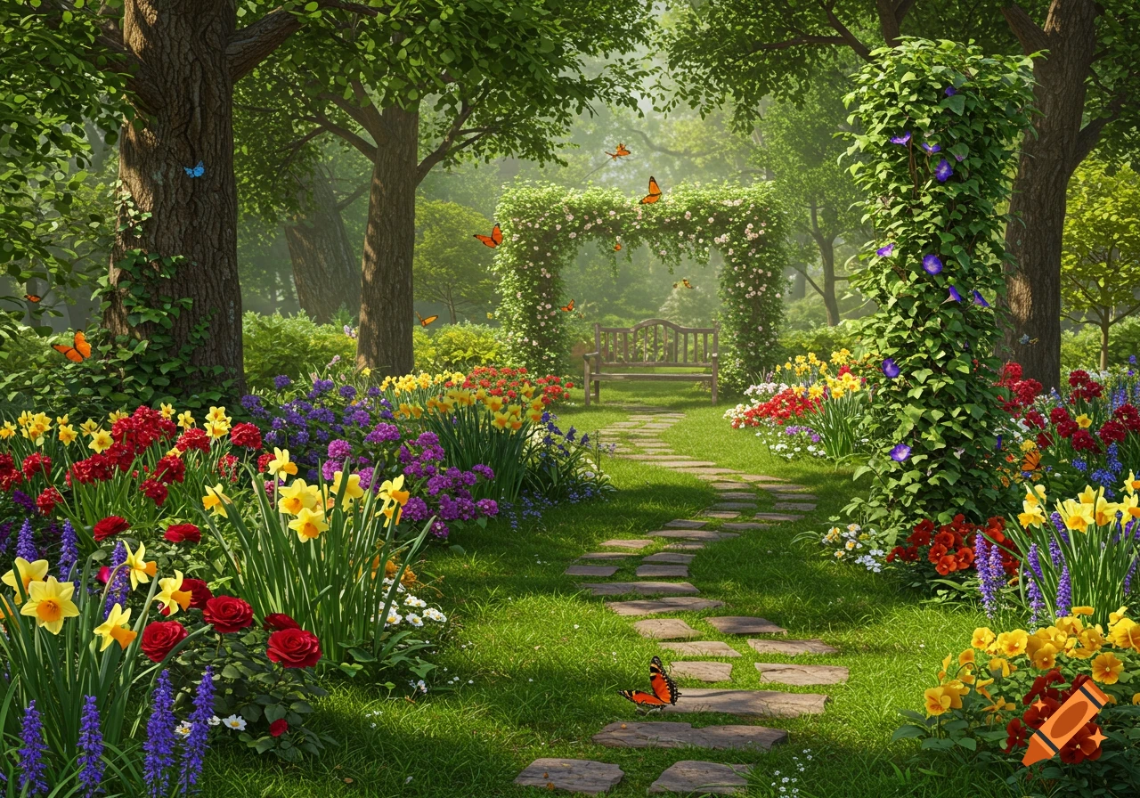 A vibrant flower garden with a stone path leading to a bench under a floral archway, surrounded by tall trees and butterflies.