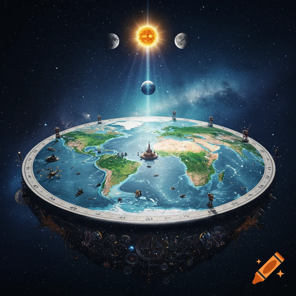 A highly detailed, fantastical depiction of a flat Earth model suspended in space with a sun and two moons above.