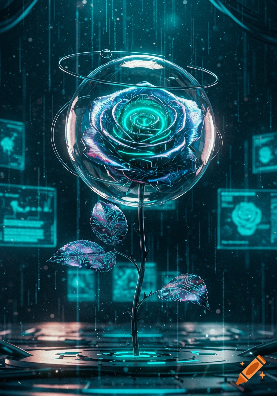 A glowing blue and purple cybernetic rose in a glass sphere, with circuit board leaves, in a dark futuristic setting.
