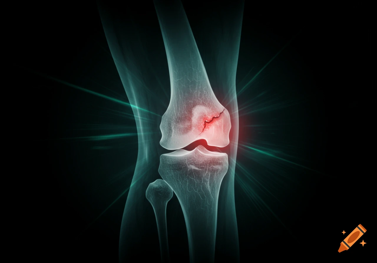 X-ray of a human knee joint with a fractured femur, highlighted in red with glowing light rays.