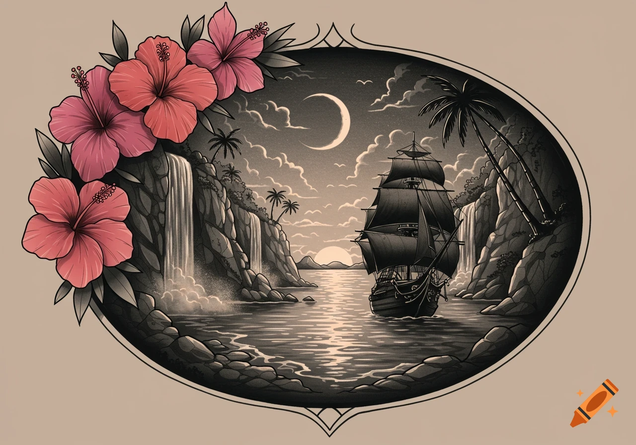 Tattoo style illustration of a pirate ship in a tropical cove with waterfalls, palm trees, and hibiscus flowers.