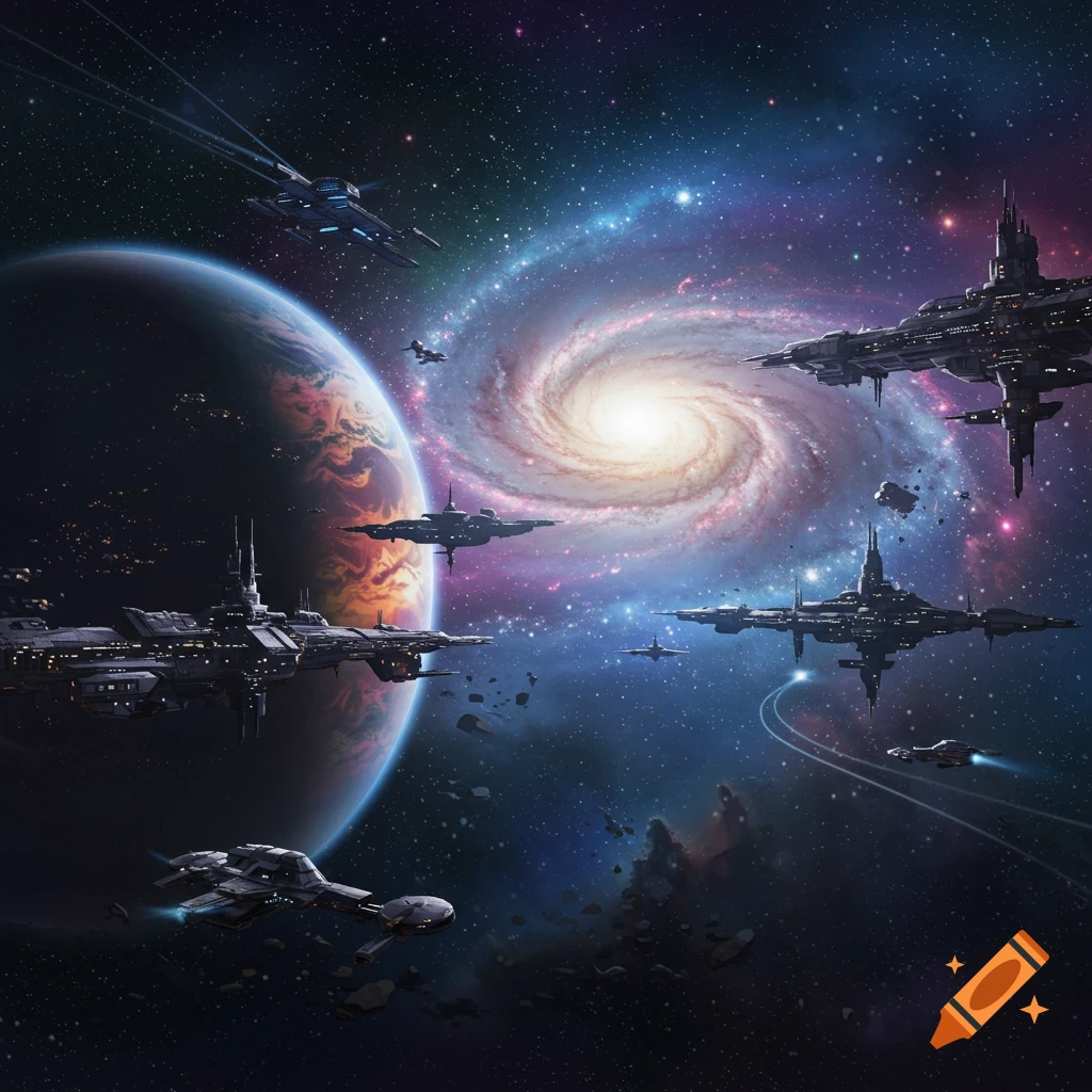 Detailed illustration of multiple futuristic spaceships orbiting a vibrant planet, with a bright spiral galaxy in the background of deep space.