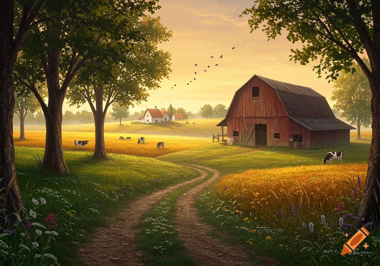 An illustrated farm landscape at sunset with a red barn, grazing cows, and a dirt path through fields.