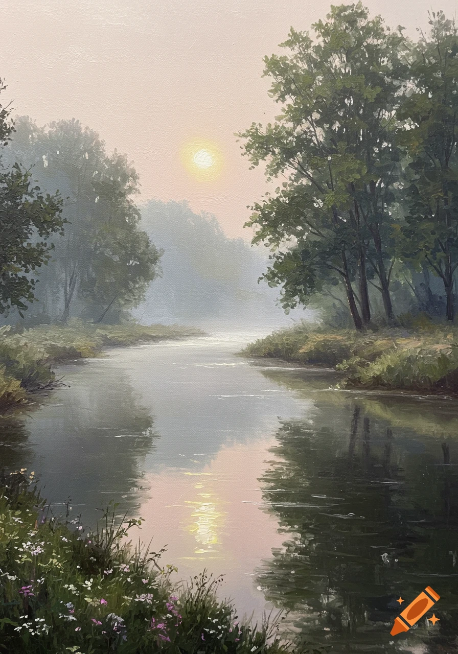 An oil painting depicts a serene river flowing through a misty forest at sunrise, with the sun's light reflecting on the water.