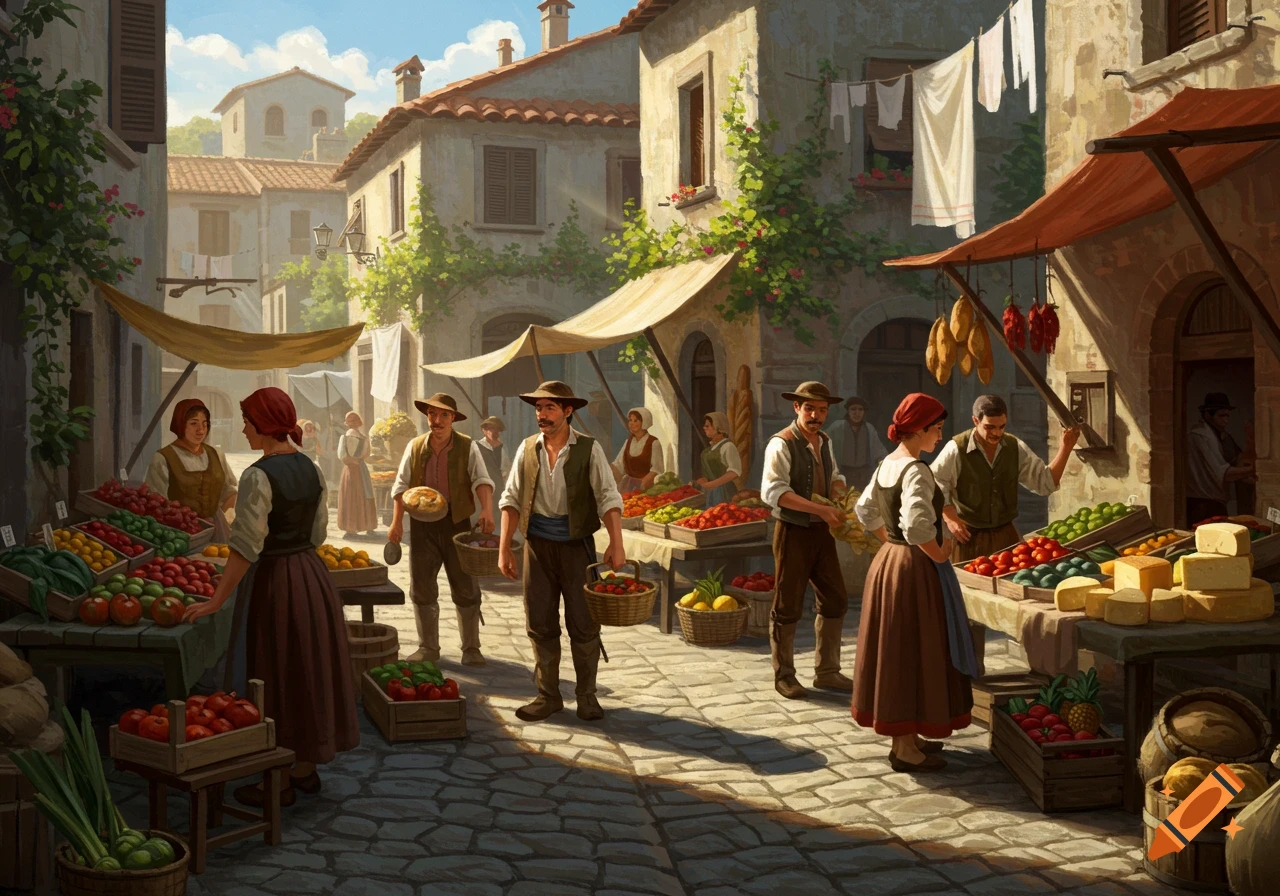 A vibrant outdoor market scene in an Italian village, with peasants selling fruits, vegetables, and cheeses from stalls.