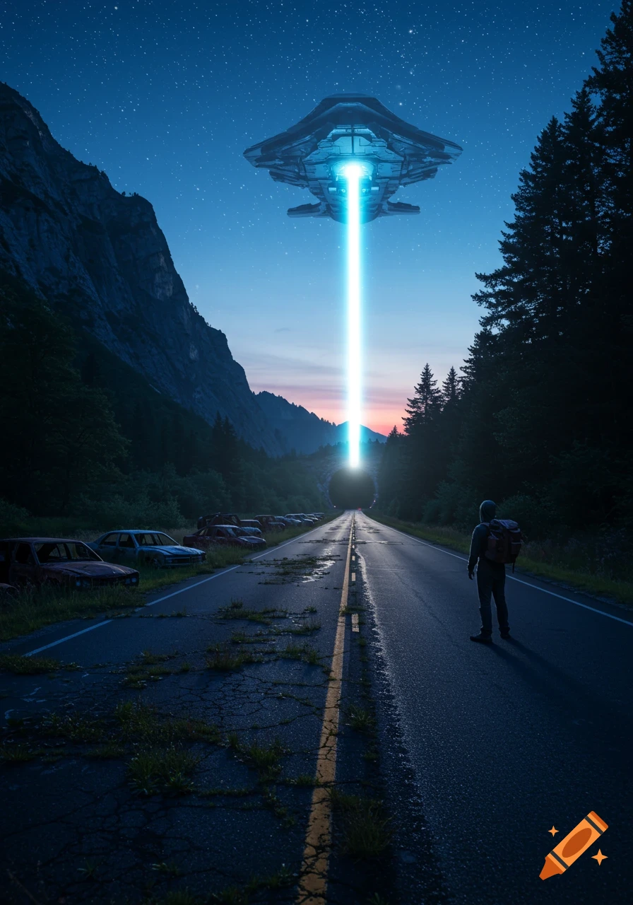 A lone person stands on a mountain road at twilight, looking at a spaceship beaming a bright light down, with abandoned cars alongside the road.