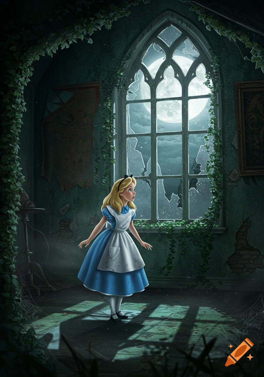 Alice in a blue dress stands in a dark, abandoned gothic room with ivy, looking at a broken window under a full moon.