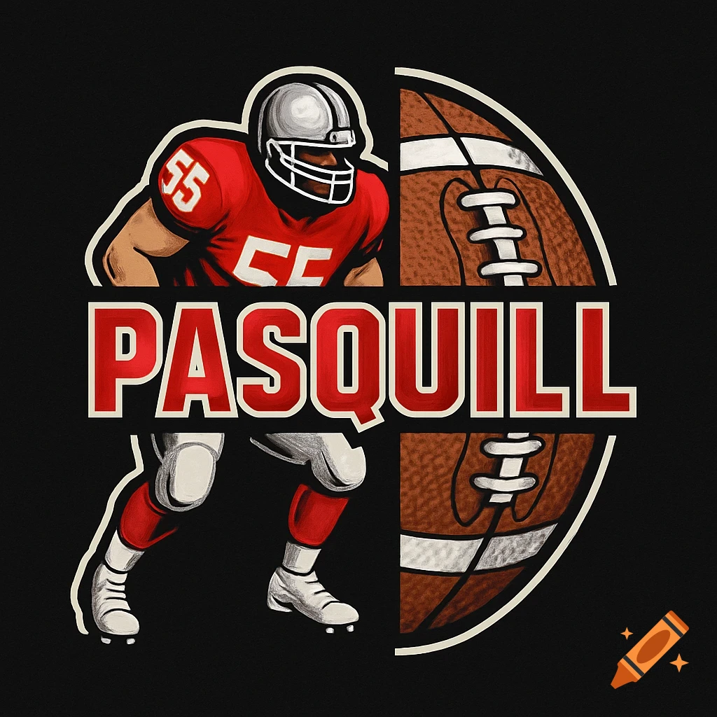 A stylized logo features a red-jersey football lineman on the left and half a football on the right, divided by the red text 'PASQUILL'. The lineman wears #55.