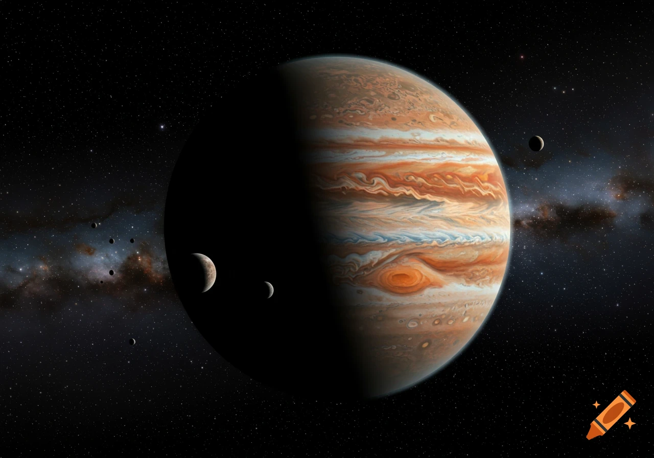 A large, striped gas giant planet resembling Jupiter, partially shadowed, with several moons and a starry, nebulous galaxy in the background.
