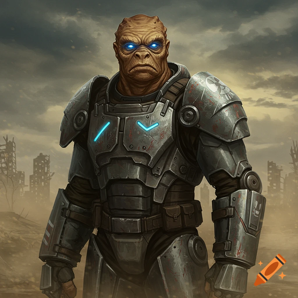 A large, brown alien with glowing blue eyes in worn metal power armor stands in a desolate, destroyed city.