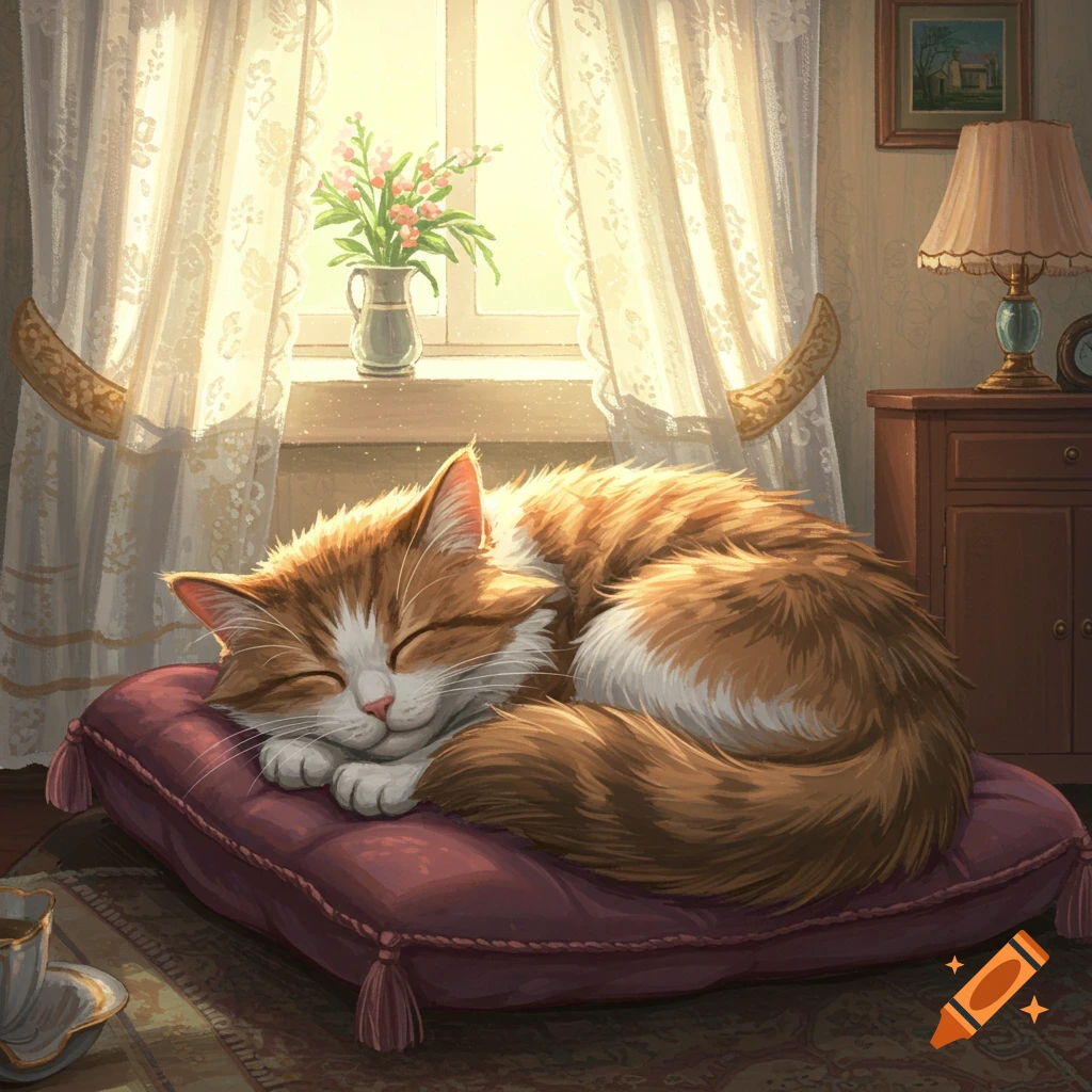 An orange and white cat sleeps curled on a purple pillow by a sunny window with lace curtains.
