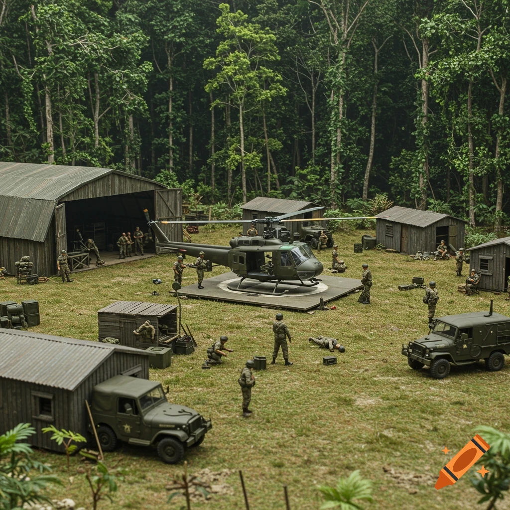 A detailed diorama of a 1960s United States Army air base in a dense jungle, featuring soldiers, a helicopter, and military vehicles.