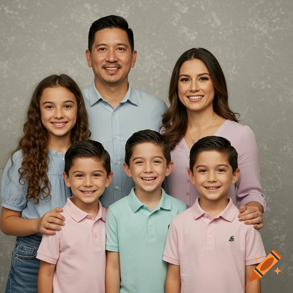 A photorealistic portrait of an Asian father, a Latina mother, and their four children smiling in front of a grey background.