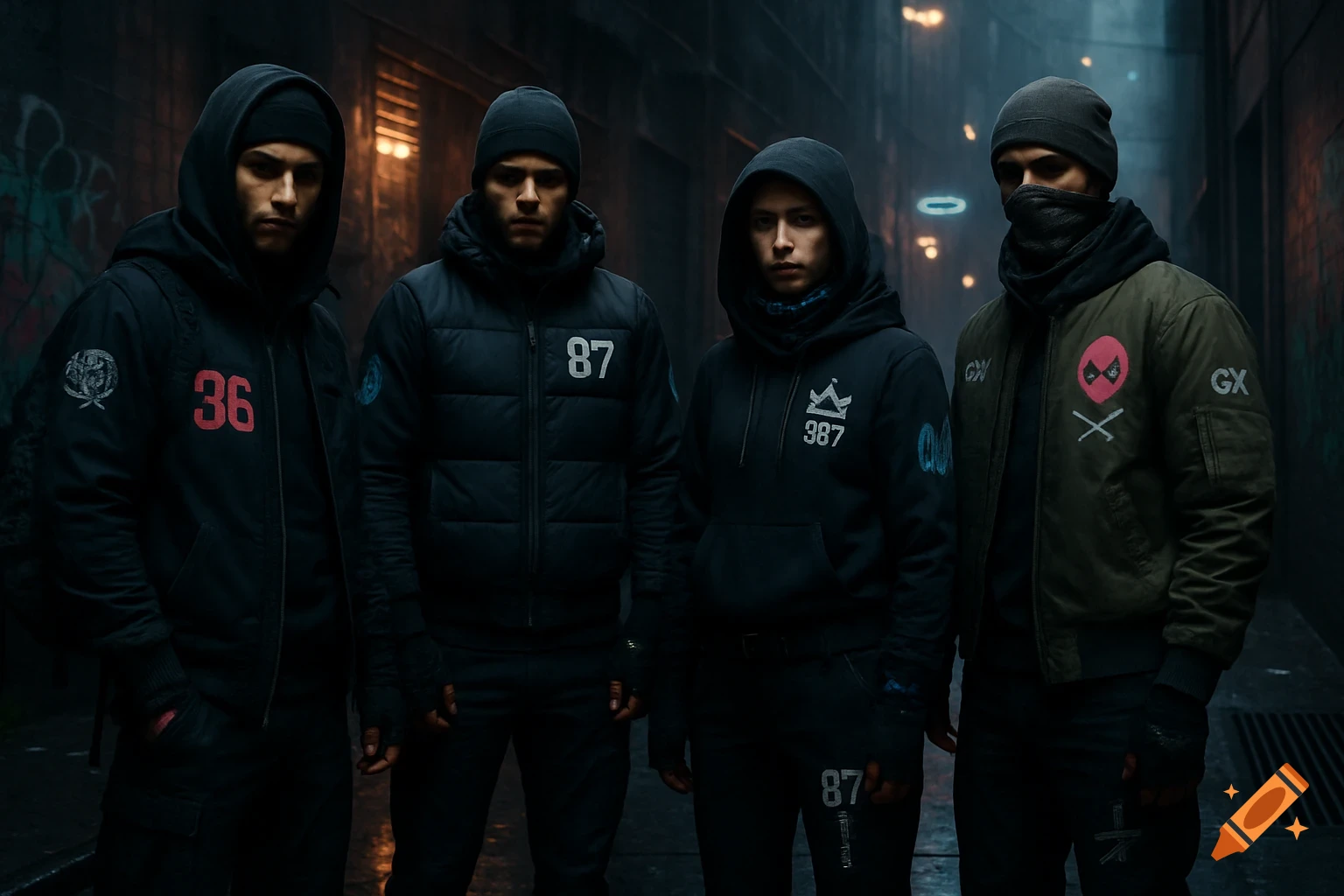 Four men in dark streetwear, including hoodies, bomber jackets, and beanies, standing in a dark, gritty urban alleyway with graffiti.