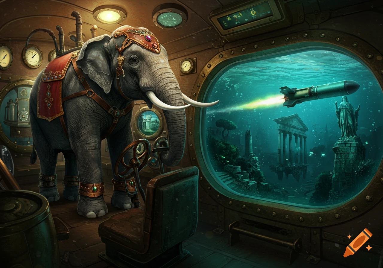A steampunk elephant inside a submarine, with a view of a missile launching towards ancient underwater ruins from its large window.