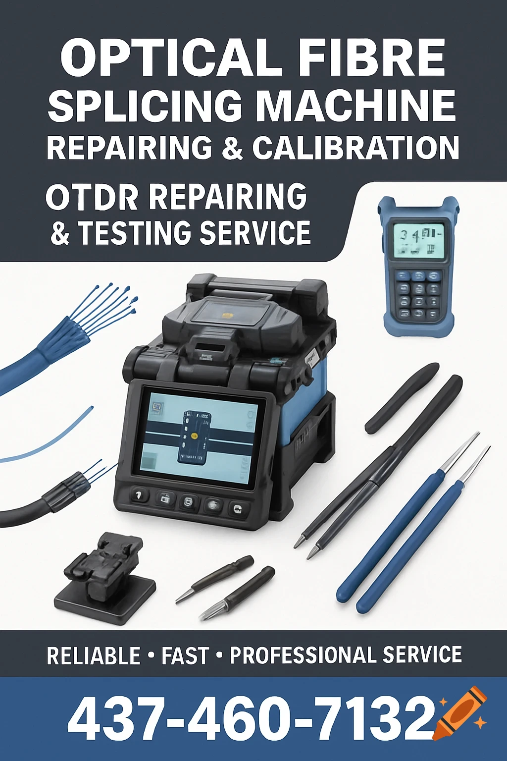 A blue, white, and dark gray professional poster advertising optical fiber splicing machine repair and calibration services, featuring images of telecom equipment and tools. Text includes a phone number.