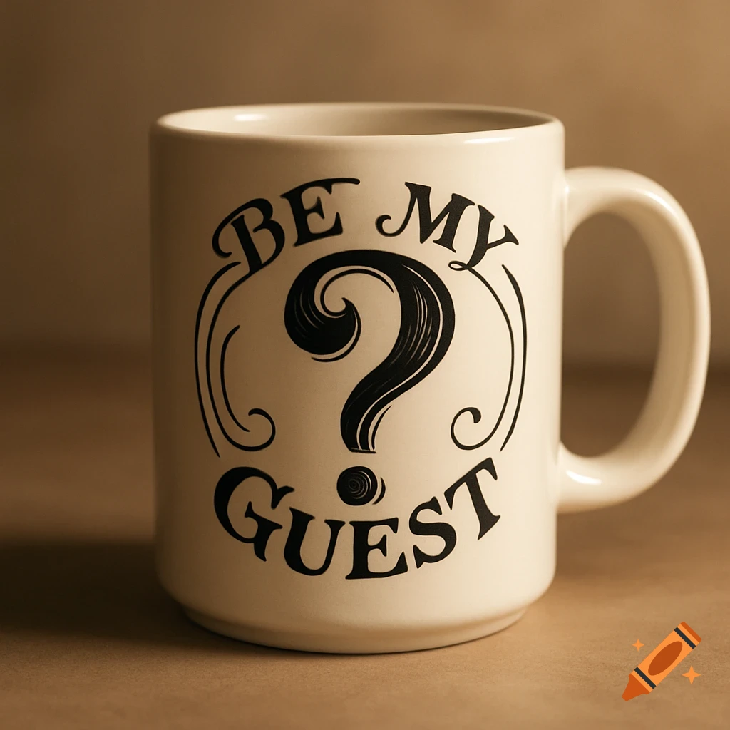 A cream-colored mug with black text "BE MY" and "GUEST" separated by a large, ornate question mark.