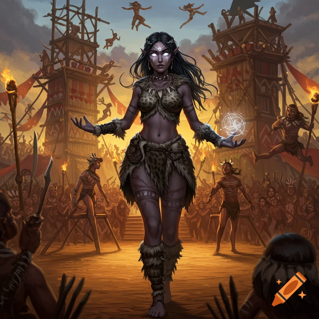 Dark-haired elf sorceress with glowing white eyes in a fur outfit, holding a glowing orb in a prehistoric tribal gathering.