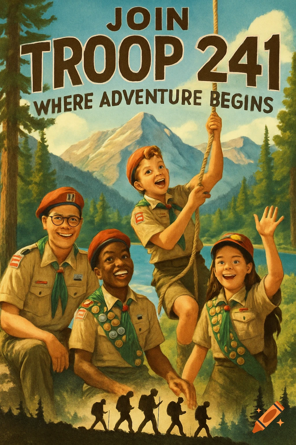 Vintage poster for "JOIN TROOP 241 WHERE ADVENTURE BEGINS" with diverse scouts in a forest. Mountains and lake in background, hikers silhouetted.