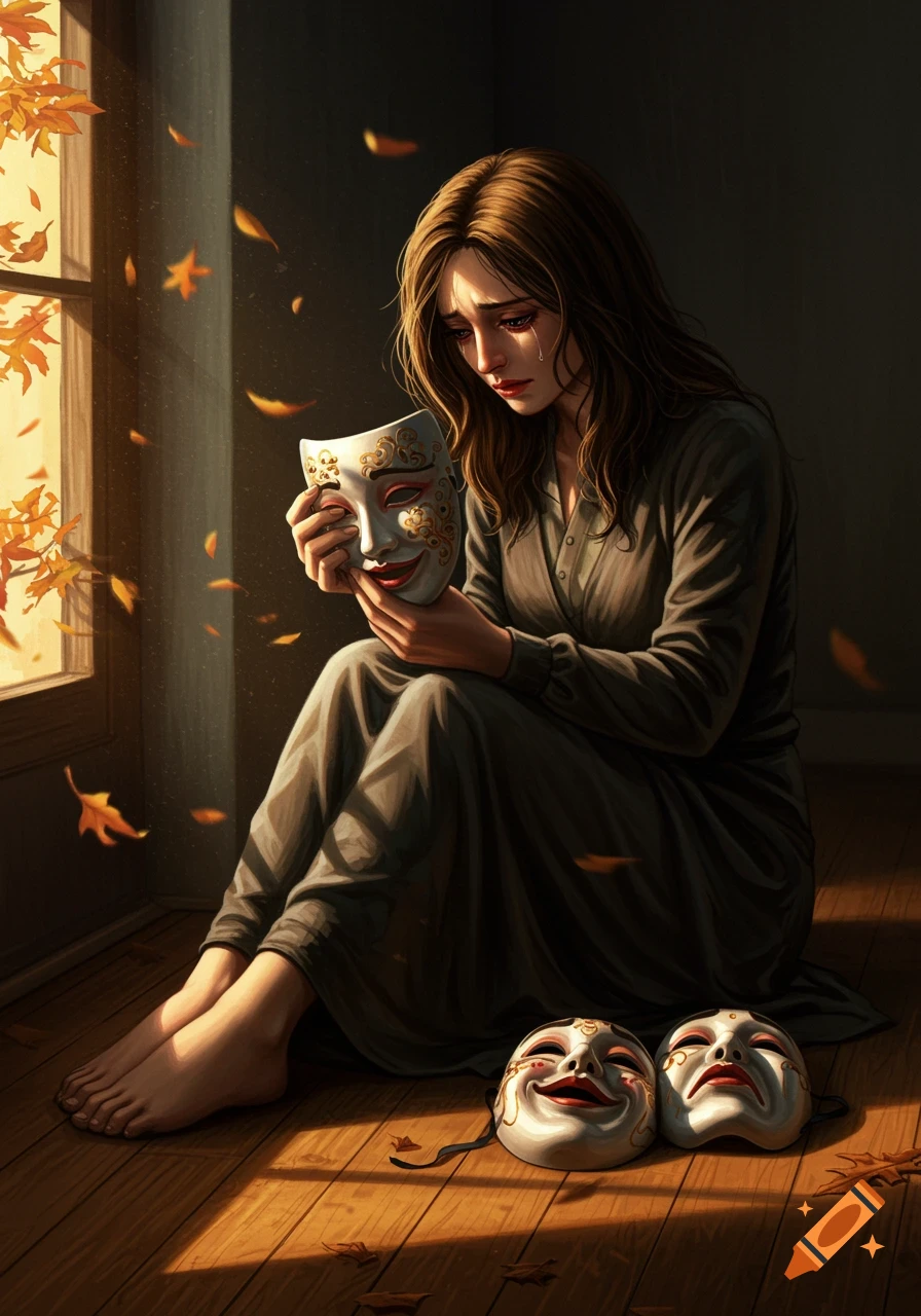 A crying woman sits on a wooden floor near a window with autumn leaves, holding a smiling theatrical mask, with a sad and happy mask beside her.