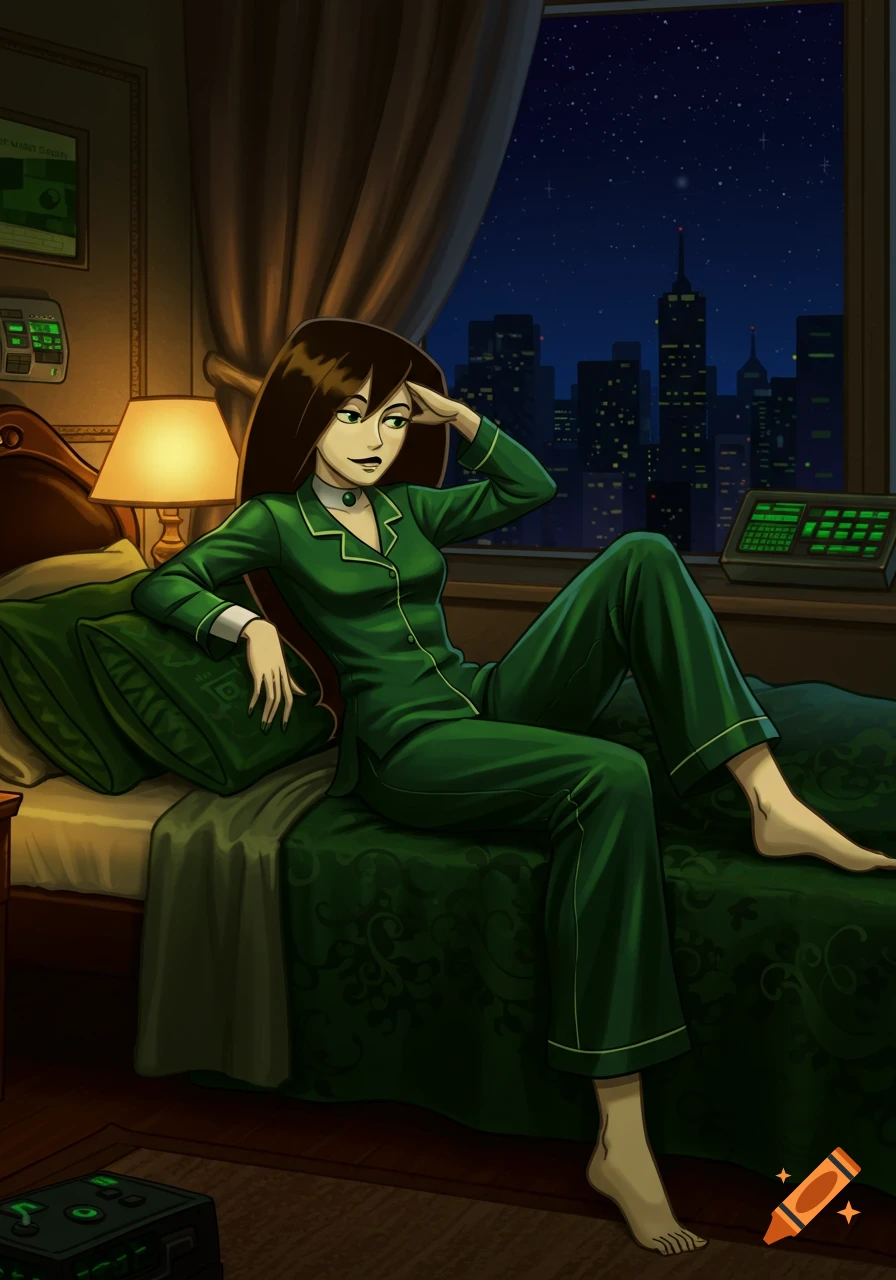 Animated character Shego in green pajamas sits on a bed in a hotel room, looking out at a city skyline at night.