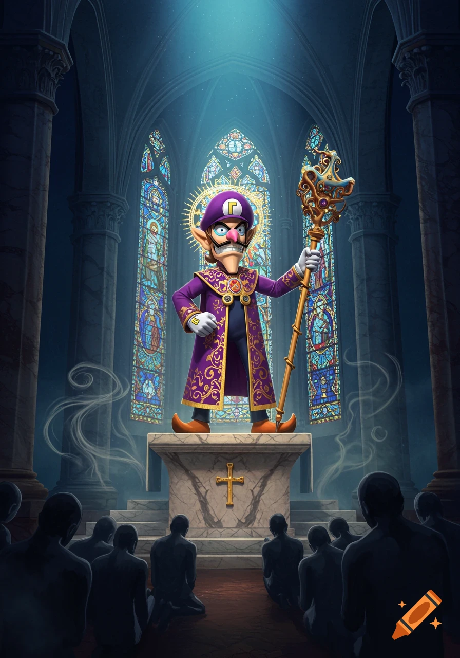 Waluigi dressed in purple and gold robes, holding an ornate staff, stands on an altar in a grand cathedral as figures kneel before him. He has a golden halo.