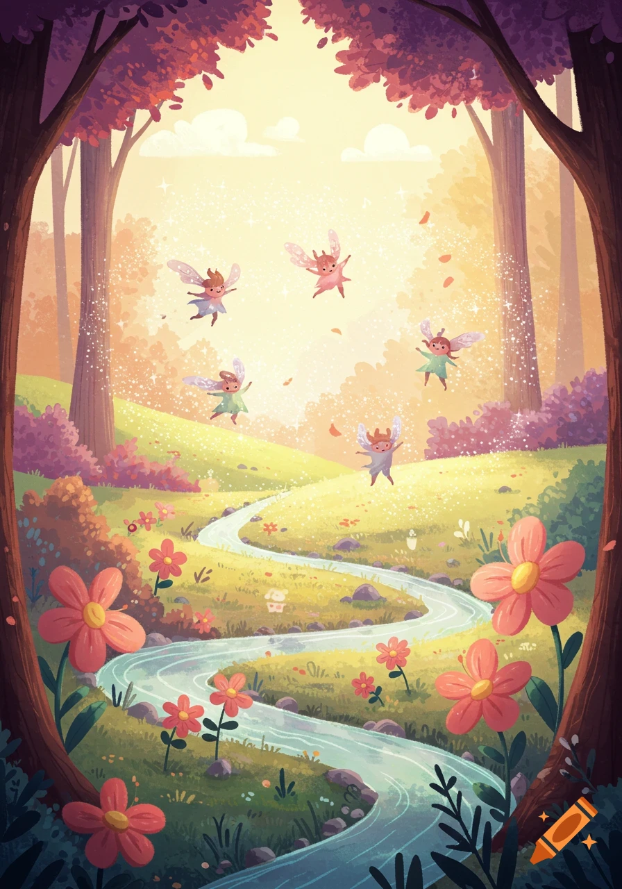 Whimsical illustration of five fairies flying over a bright, colorful forest meadow with a winding stream and large pink flowers.