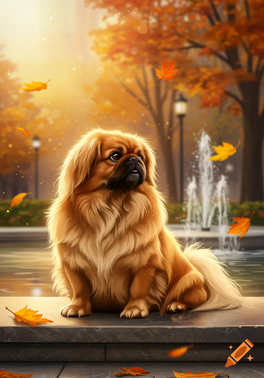 A fluffy Pekingese dog sits on a stone ledge in an autumn park with falling orange leaves, a fountain, and golden sunlight.