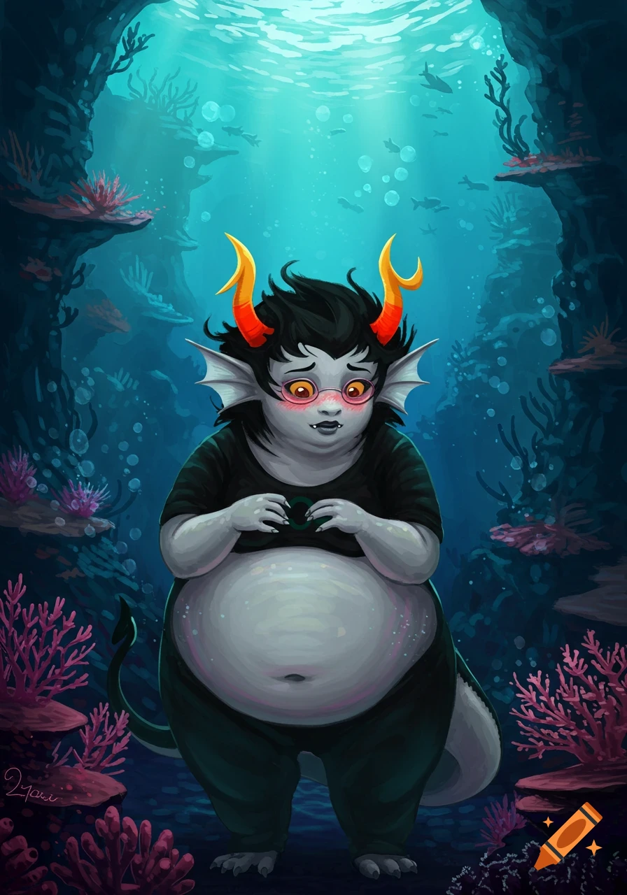 A chubby, shy grey troll from Homestuck with yellow-red horns and webbed ears stands underwater amidst coral.