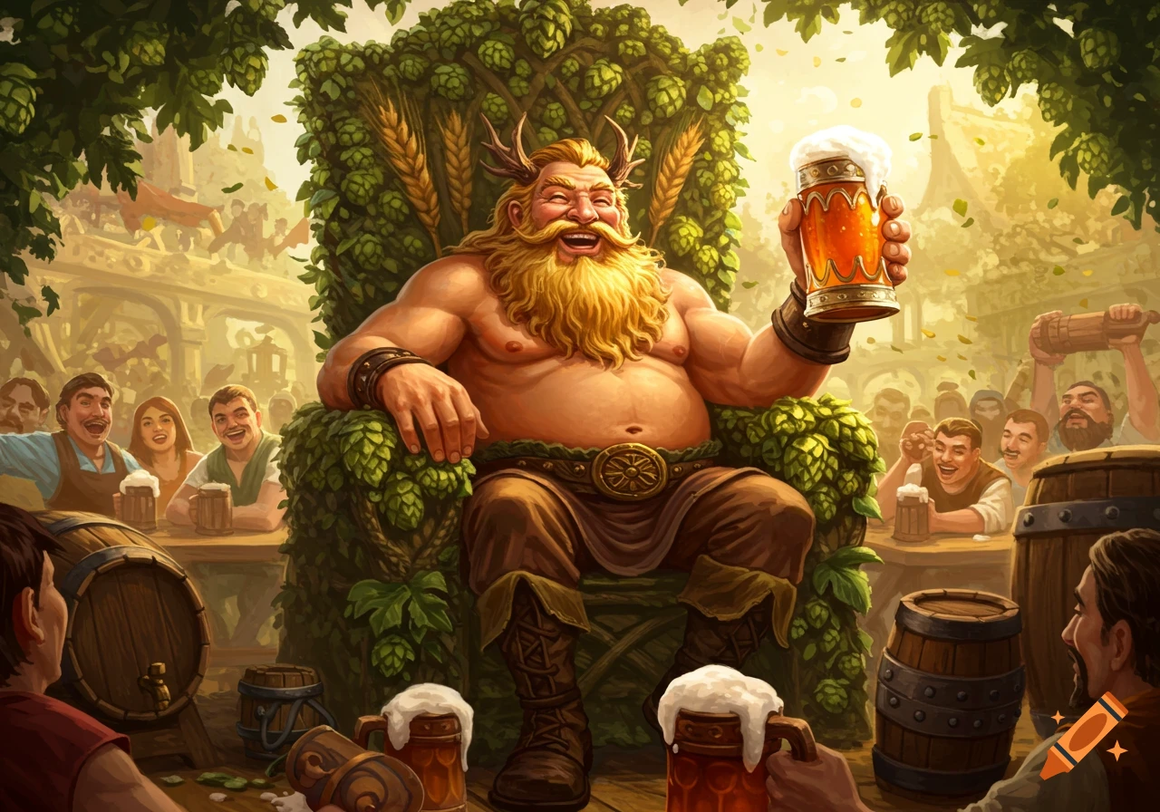 A muscular, horned man with a golden beard, resembling a beer god, laughs while sitting on a hops throne, holding a beer mug at a lively festival.
